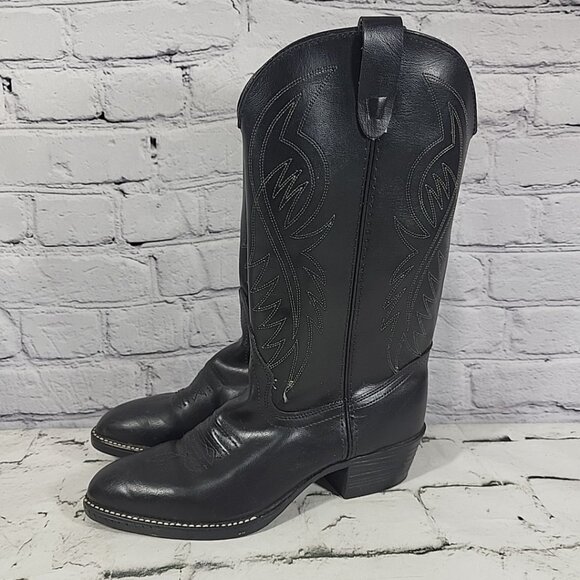 Vtg Bronco Made in USA Black‎ Leather Cowboy Boots Men\'s Size 9 D Western Rodeo
